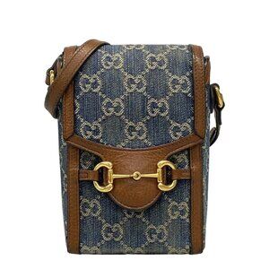 Auth GUCCI Horsebit 1955 625615 Navy Cream Dark Brown Denim Leather -